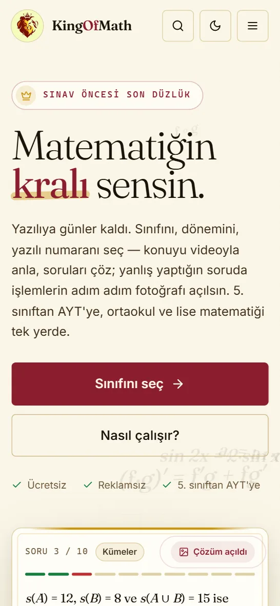 KingOfMath ana sayfası, telefon görünümü