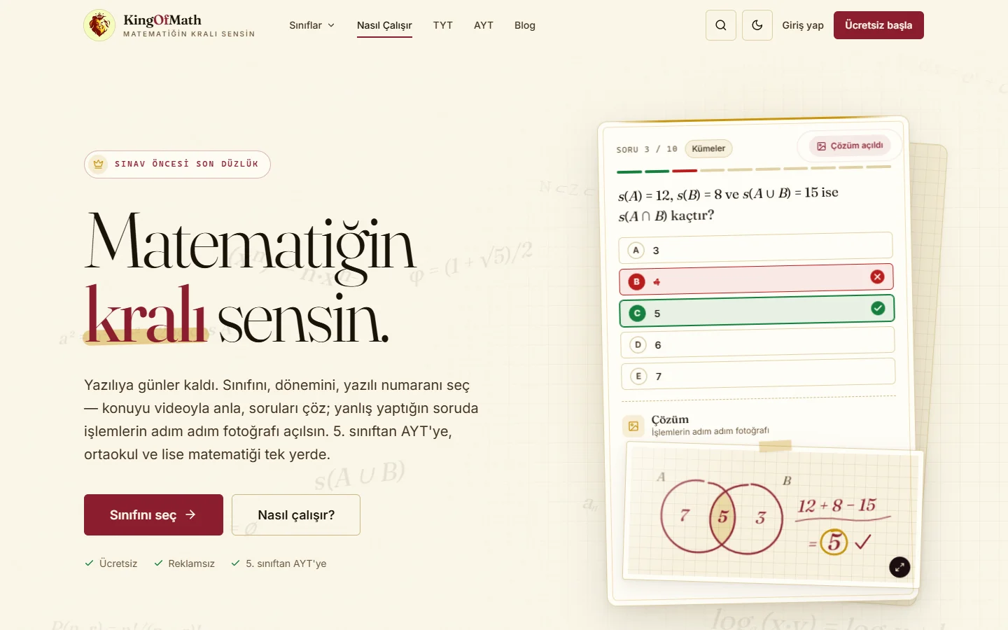 KingOfMath ana sayfası, masaüstü görünümü
