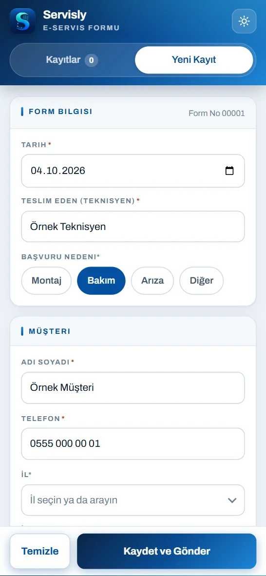 Servisly Plus E-Servis Formu: telefonda yeni servis kaydı ekranı (örnek verilerle)