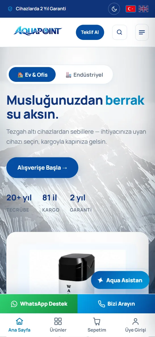 Aquapoint web sitesinin telefondaki görünümü