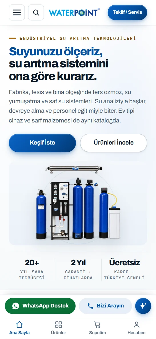 Water Point web sitesinin telefondaki görünümü